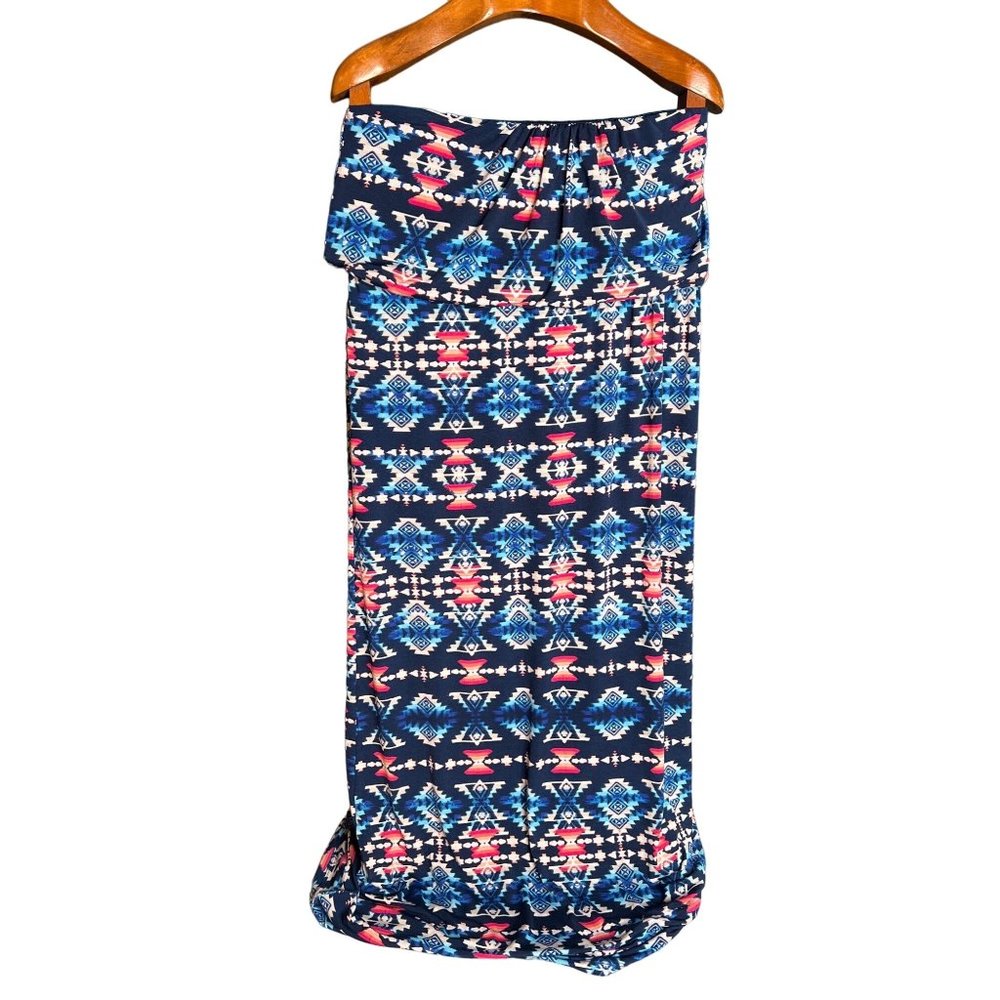 NWT TRIXXI Women's Strapless Aztec Tribal Casual Tube Maxi Dress Size large Blue